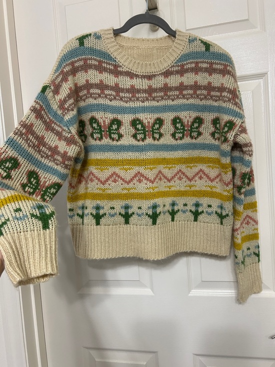 Sweaters - Floral Long Sleeve Sweater Tan Pink Blue Gold Green Medium-Thickness sz Medium